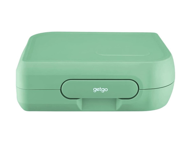 A large bento box in a pastel green colour with a secure lid and a branding logo on the front.