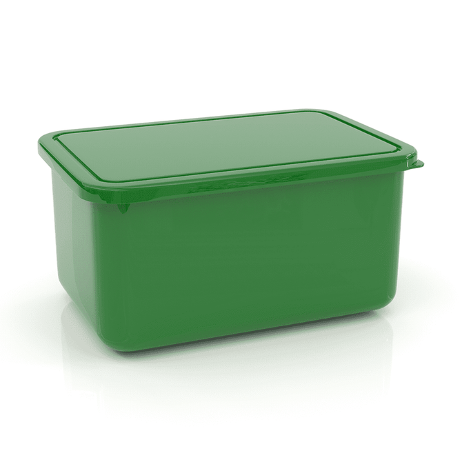 A large green lunch box with a smooth, glossy finish and a matching lid. It features a simple design with no visible branding.