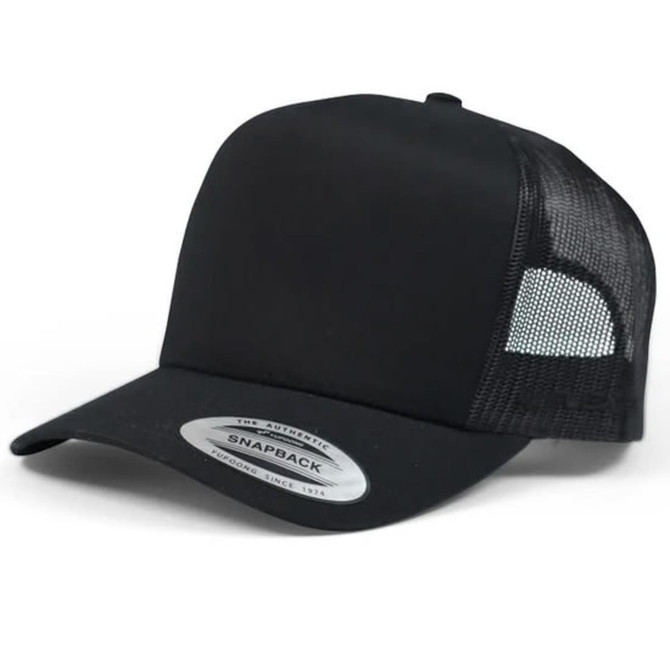 A black trucker cap with a mesh back and a snapback closure, featuring a logo on the side.