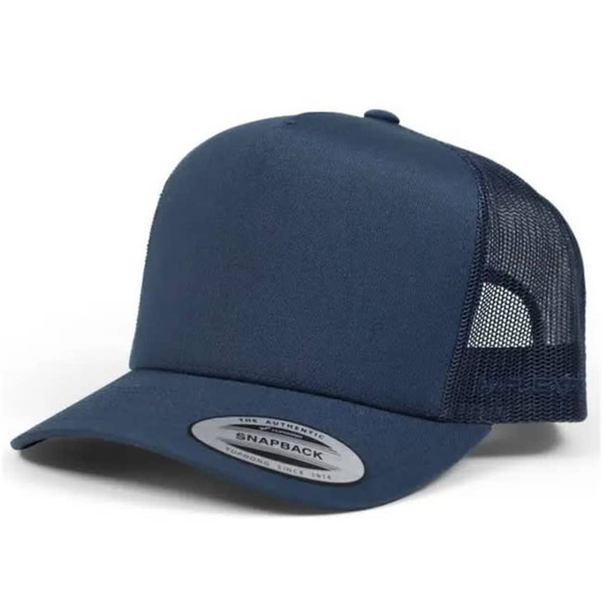 A navy blue trucker cap featuring a flat brim and mesh sides, with a snapback closure and branding.
