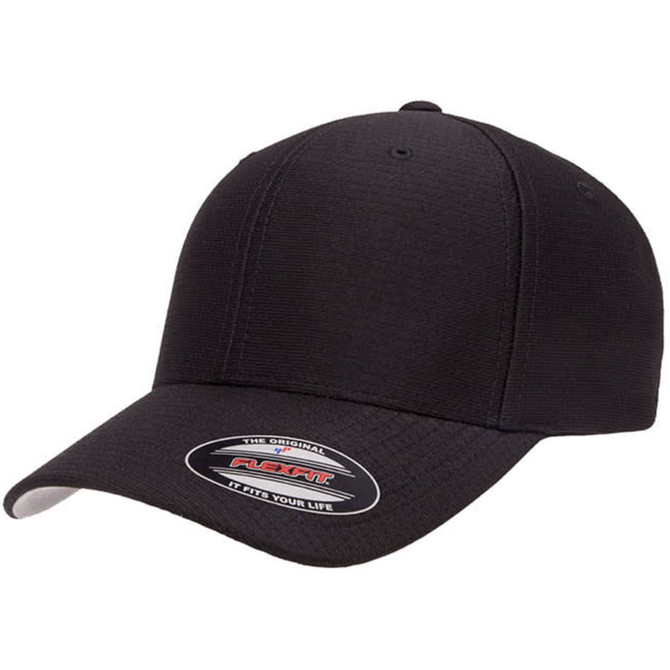 A black Flexfit® Cool & Dry cap with a structured design and a logo on the front.