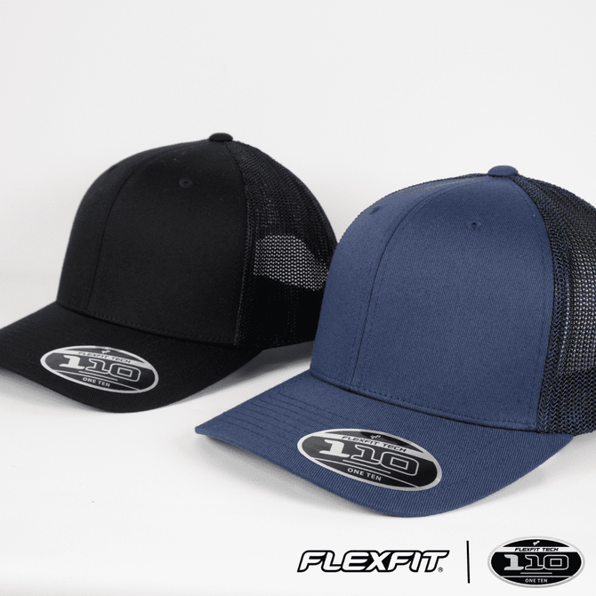 A black and a navy blue mesh trucker cap, both featuring a logo on the front.