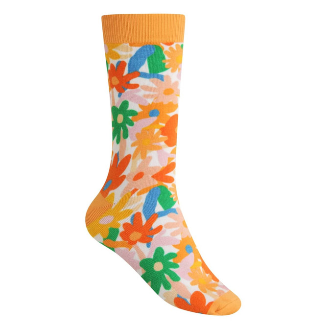 A pair of 3D printed dress socks featuring a colourful floral pattern in orange, pink, blue, and green hues.