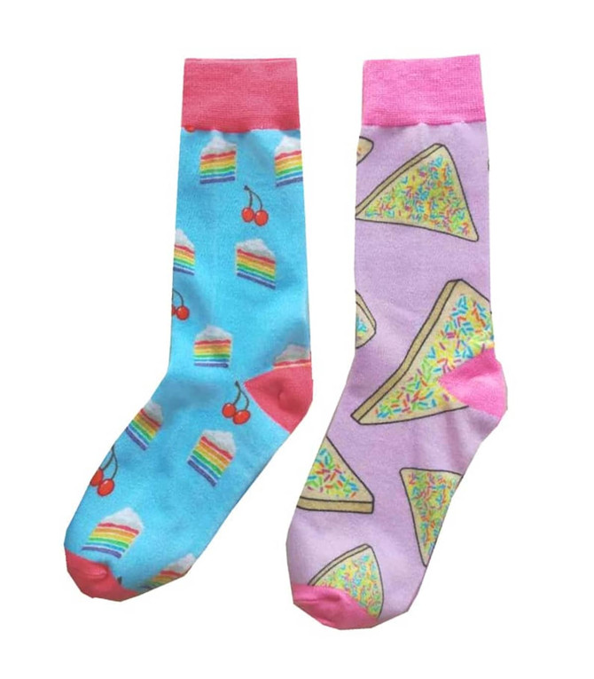 A pair of colourful 3D printed dress socks featuring cake and rainbow patterns, with pink cuffs and contrasting designs.