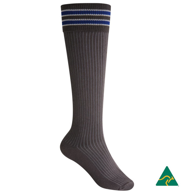 Knee-high grey school socks with blue and white striped band at the top, featuring a logo on the bottom.