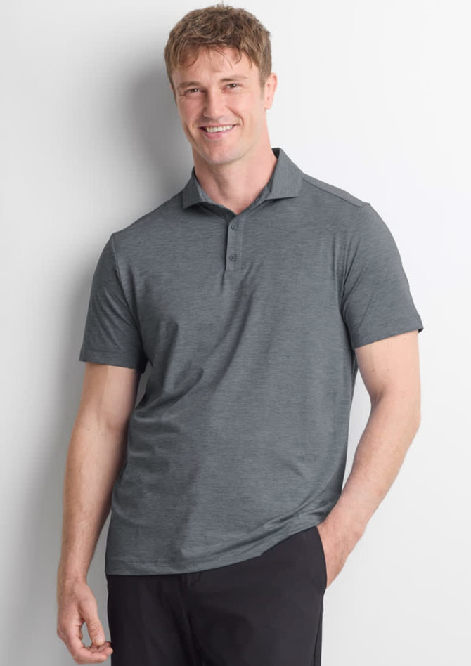 A short sleeve polo in dark grey, featuring a collar and a logo. Suitable for casual wear.