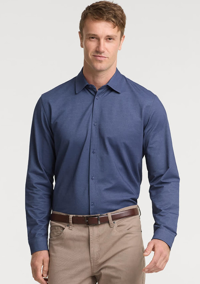 A long-sleeve, button-up shirt in navy with a subtle texture, featuring a collar and a logo.