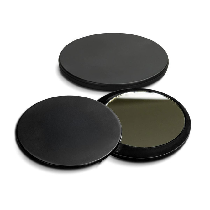 A black compact mirror with a smooth exterior, featuring a reflective surface inside. It has a circular shape.