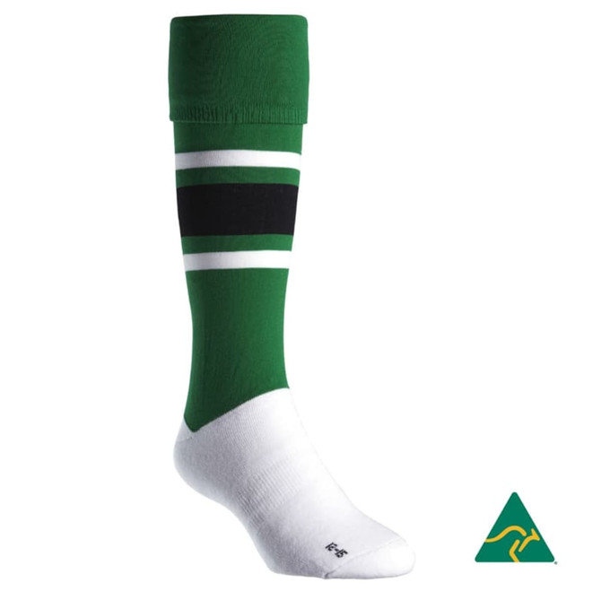 A green knee-high football sock featuring black stripes and a white foot section. Includes a logo in the corner.