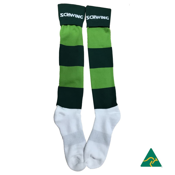 Green and black striped knee-high football socks with white soles and a branded logo.