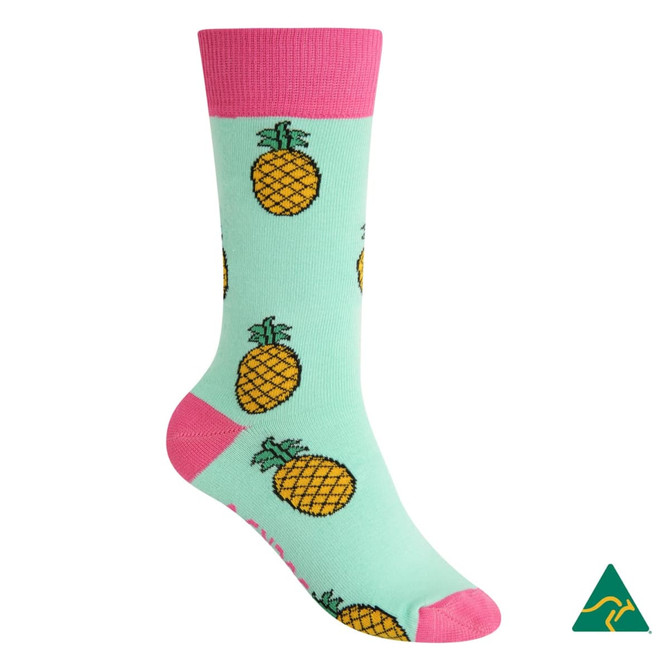 A pair of mint green socks featuring pineapple designs and a pink cuff, with a logo present.