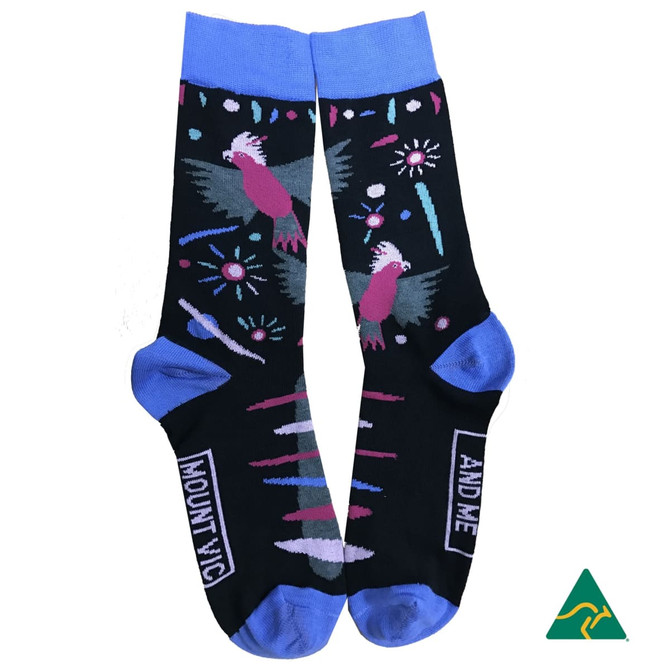 Combed cotton dress and business socks in black with colourful patterns and blue cuffs. Features a logo.