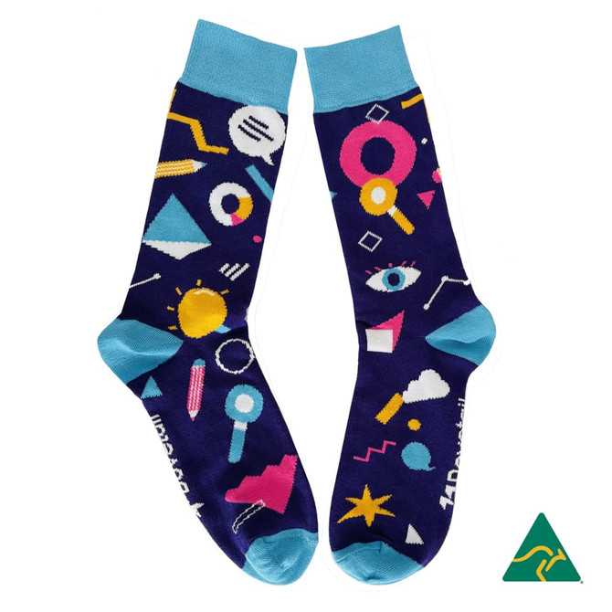Combed cotton dress and business socks in blue and navy, featuring colourful geometric patterns and a logo.
