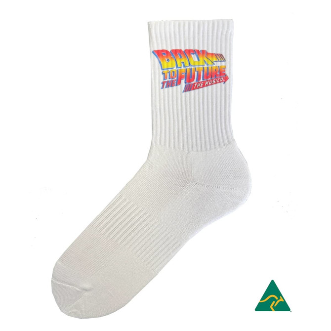 A white sock featuring a logo with vibrant colours and a branding logo at the bottom.