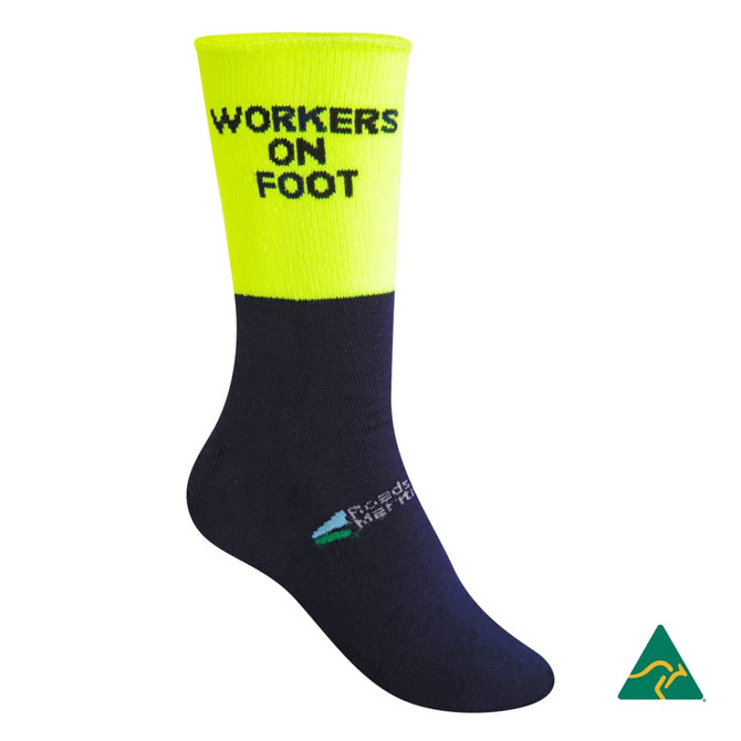 A pair of cotton full terry work socks in navy and high visibility yellow with a logo.