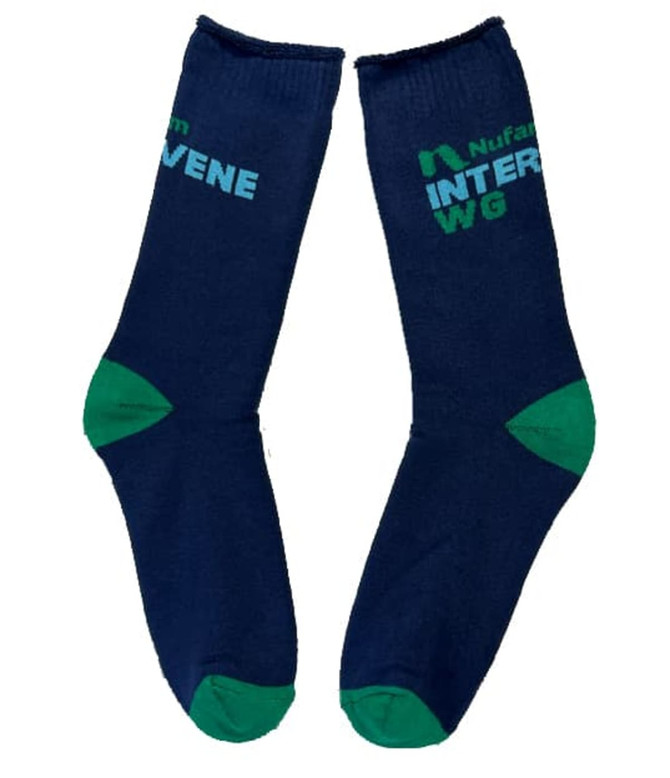 Cotton full terry work socks in navy blue with green accents, featuring a logo on one side.
