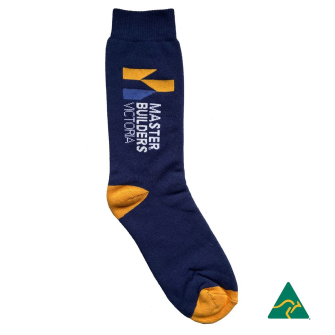 Navy and yellow cotton full terry work sock featuring a logo and text for Master Builders Victoria.