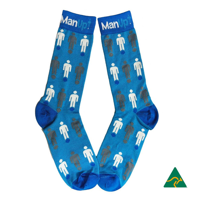A pair of blue socks featuring a pattern of illustrated figures in various colours, with a logo on the top.