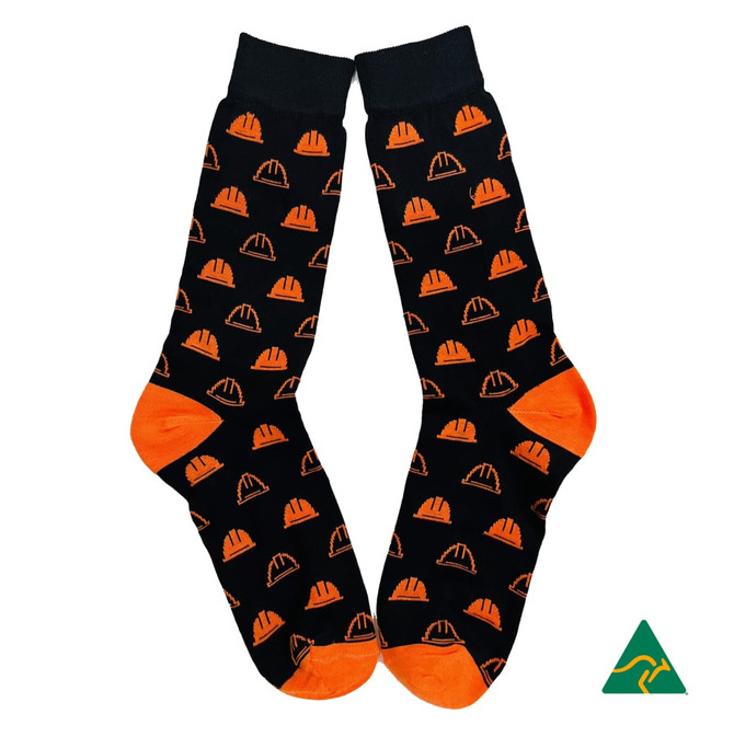 Black socks featuring an orange jelly design with a logo in the corner.
