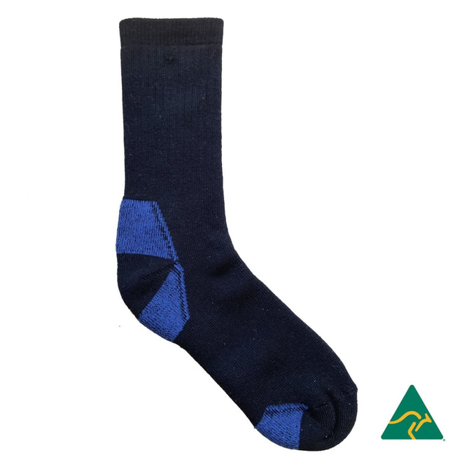 A heavy-duty boot sock in navy blue with a blue accent. The sock features a logo in the corner.
