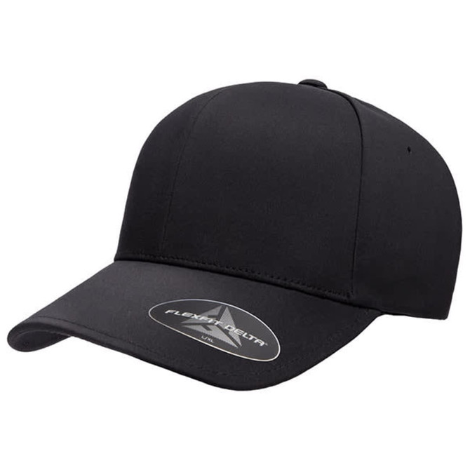A black FLEXFIT® DELTA® cap with a curved brim and a logo on the side.