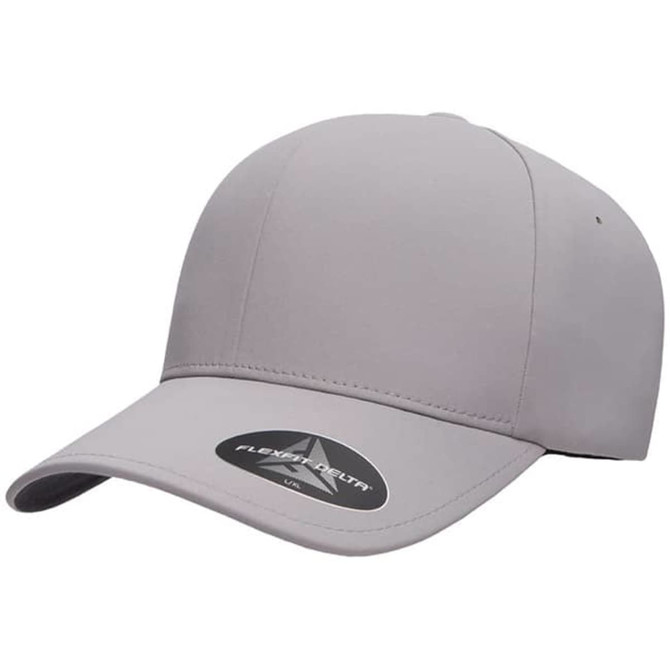 A grey 180 FLEXFIT® DELTA® cap with a curved brim and a logo on the side.