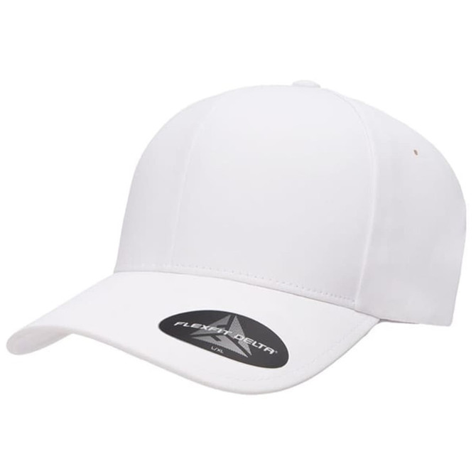 A white 180 FLEXFIT® DELTA® cap with a curved brim and a logo on the front.
