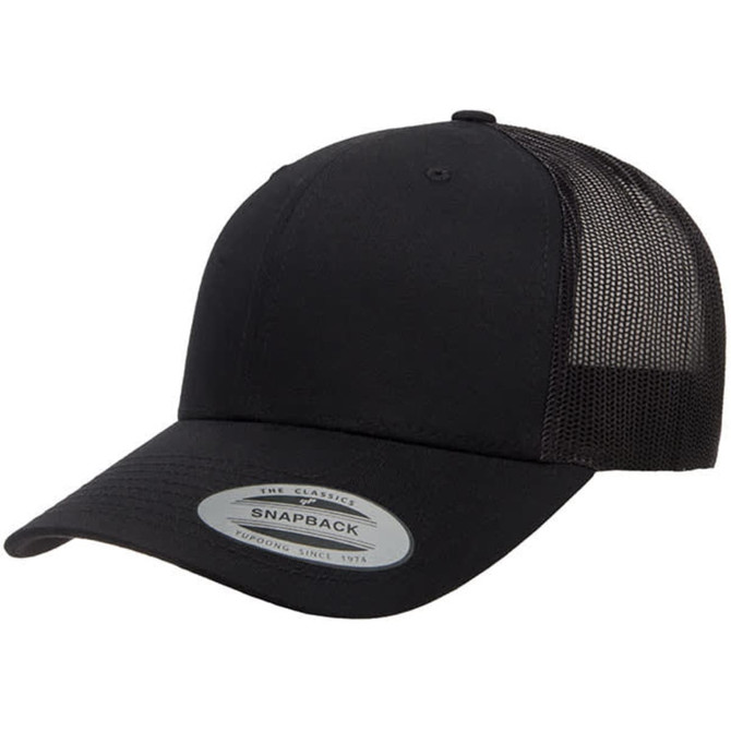 A black classic retro trucker cap with a solid front and mesh back, featuring a logo on the side.