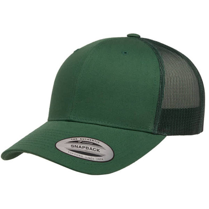 A green retro trucker cap featuring a solid front and mesh back. It has a snapback closure and a logo.