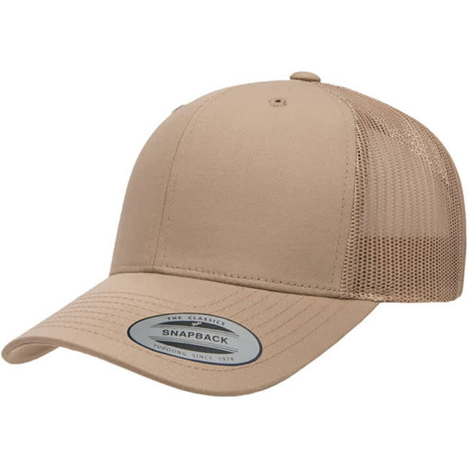 A tan retro trucker cap featuring a solid front panel and mesh side panels, with an adjustable snapback closure.