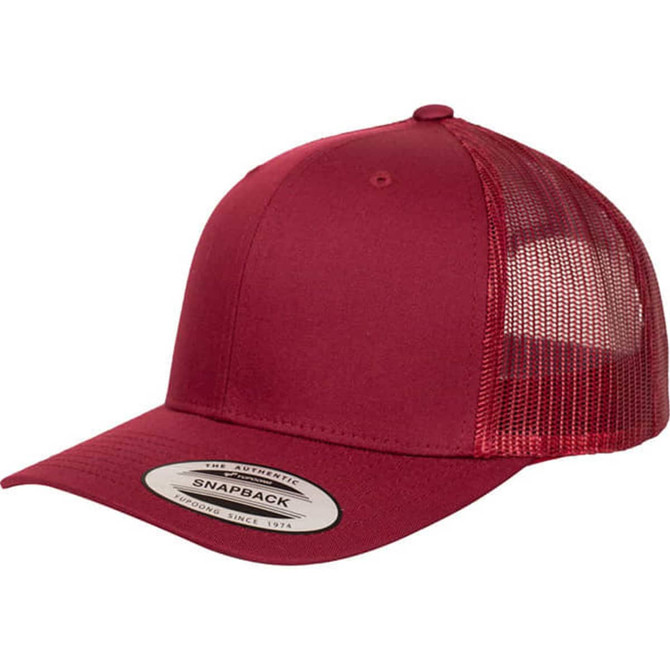 A maroon classic retro trucker cap with a mesh back and a snapback adjustable strap. Features a logo.