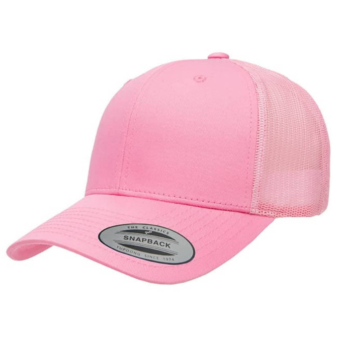 A pink retro trucker cap featuring a snapback design and a mesh back, with a logo on the front.