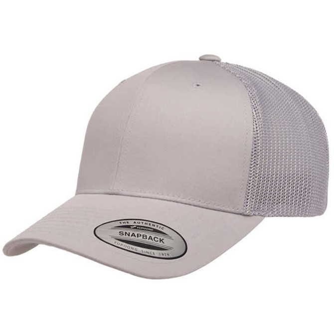 A grey retro trucker cap featuring a solid front panel and a mesh back, complete with a logo.
