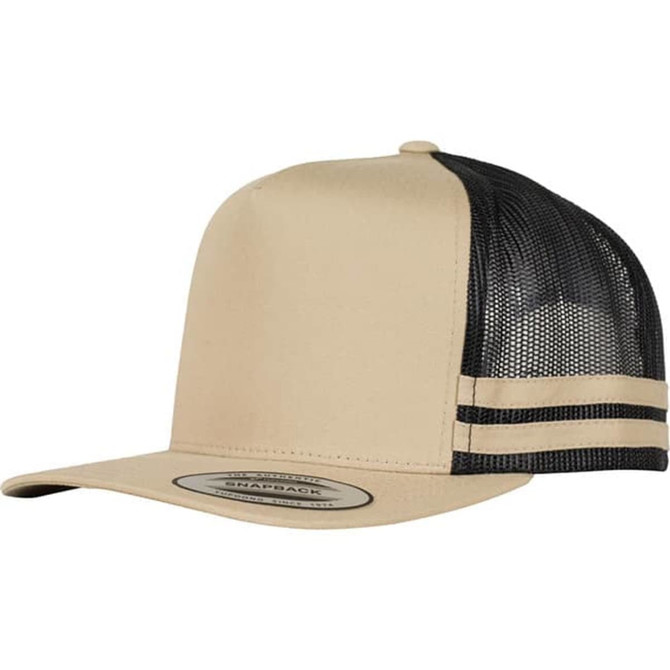 A beige trucker cap with black mesh sides and three black stripes on the front. It features a logo.