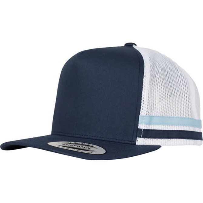 A navy and white striped trucker cap with a mesh back and a branded logo.