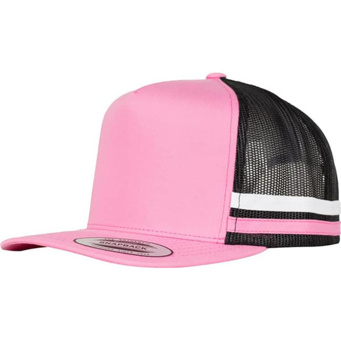 A pink trucker cap with a black mesh back and white striped detailing. It features a logo on the front.