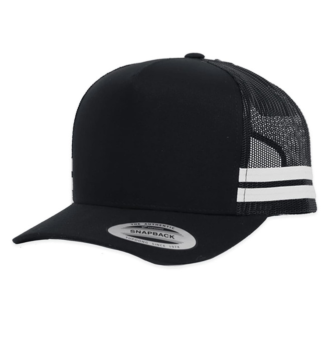 A classic black trucker cap with striped detailing and a mesh back, featuring a snapback adjuster.