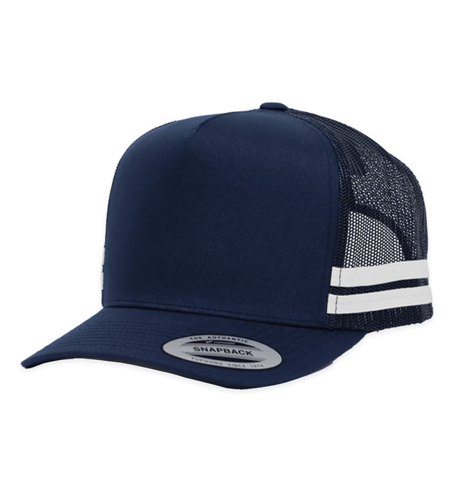 A navy trucker cap with white striped detailing and a mesh back, featuring a logo on the front.