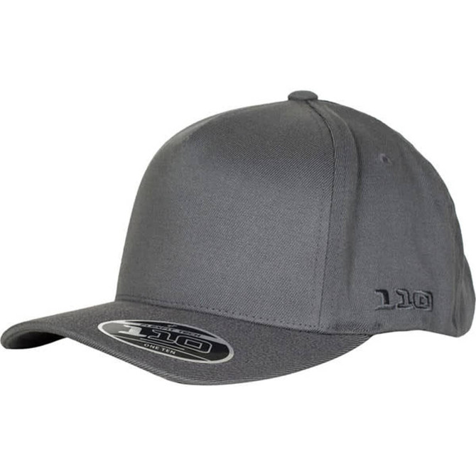 A grey FLEXFIT® 110 cap featuring a sleek design and a branded logo on the side.