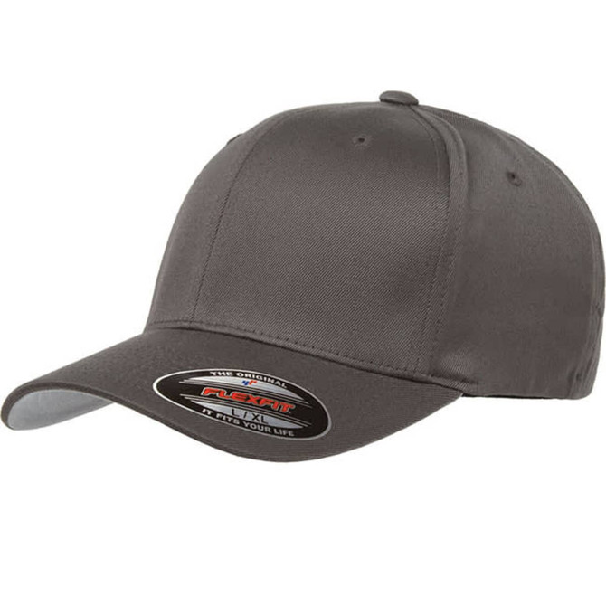A grey cap with a curved brim, featuring a logo on the side and a smooth fabric finish.