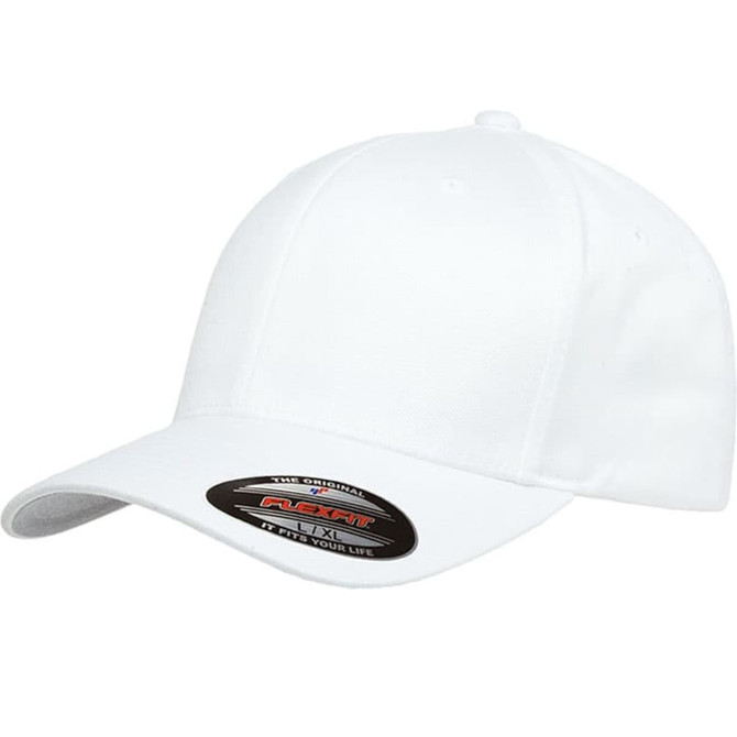 A white baseball cap with a curved brim and a logo on the front.