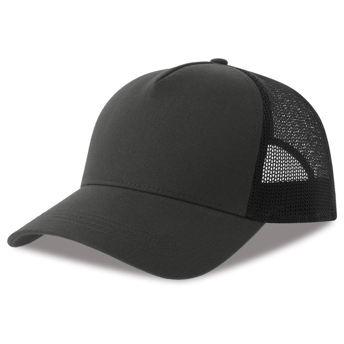 A trucker cap in black with a mesh back, featuring a solid front and a curved brim. It includes a logo.