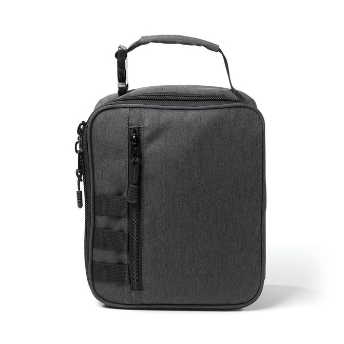 A grey cooler pack with a zippered top, side pockets, and a carrying handle. It features a logo on the front.