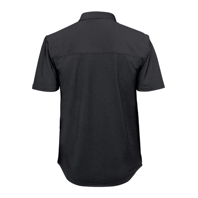 A black short sleeve knit shirt with a collared design and a logo on the back.