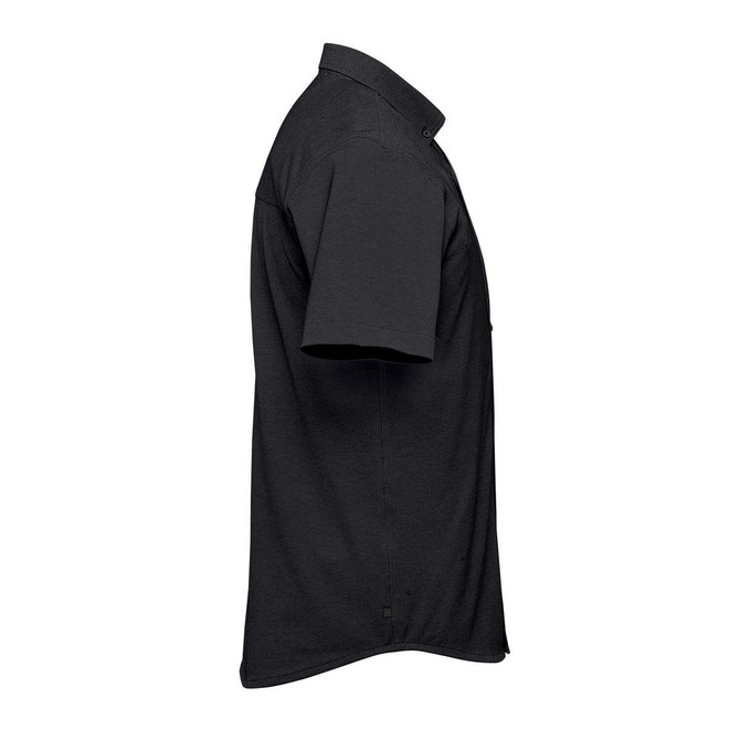 A black short sleeve knit shirt with a collar, featuring a subtle logo on the side.
