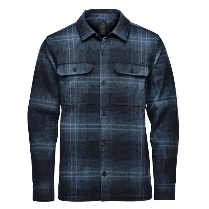 A navy and grey plaid shacket with two chest pockets and a collar, featuring a logo.