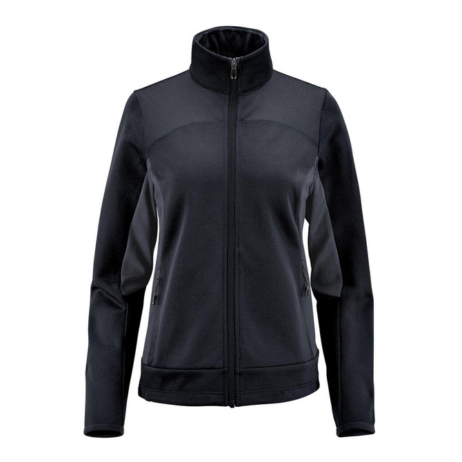 A Women's Appaloosa Knit Jacket in black, featuring a zip front and high collar, with side pockets and a logo.