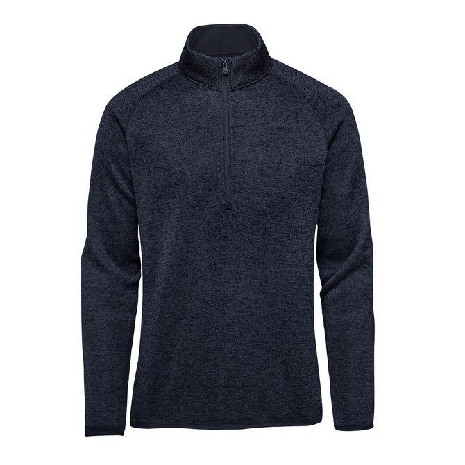 A men's half-zip fleece jacket in navy blue with long sleeves and a stand-up collar. It has a logo on it.