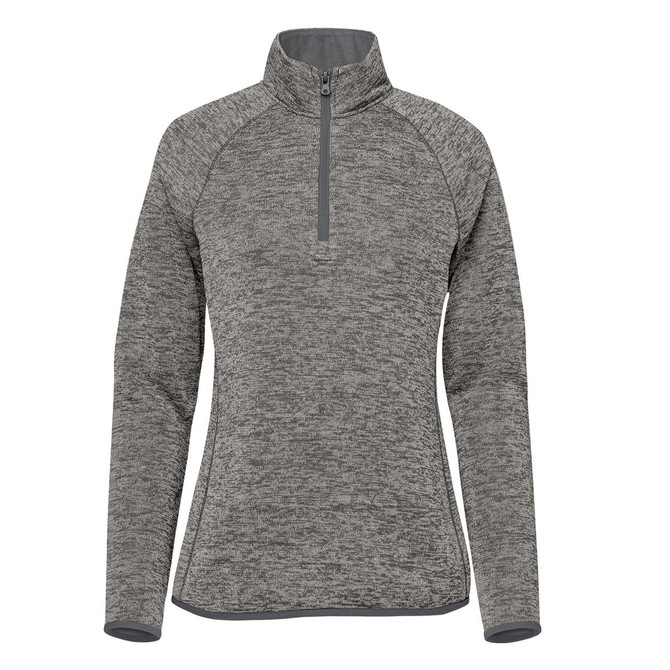 A women's half-zip fleece jacket in a textured grey fabric. Features long sleeves and a zip collar. Includes a logo.
