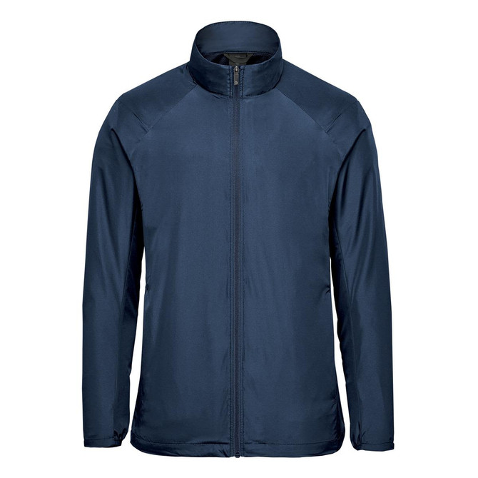 A navy blue men's full zip jacket with a stand-up collar and a logo on the chest.